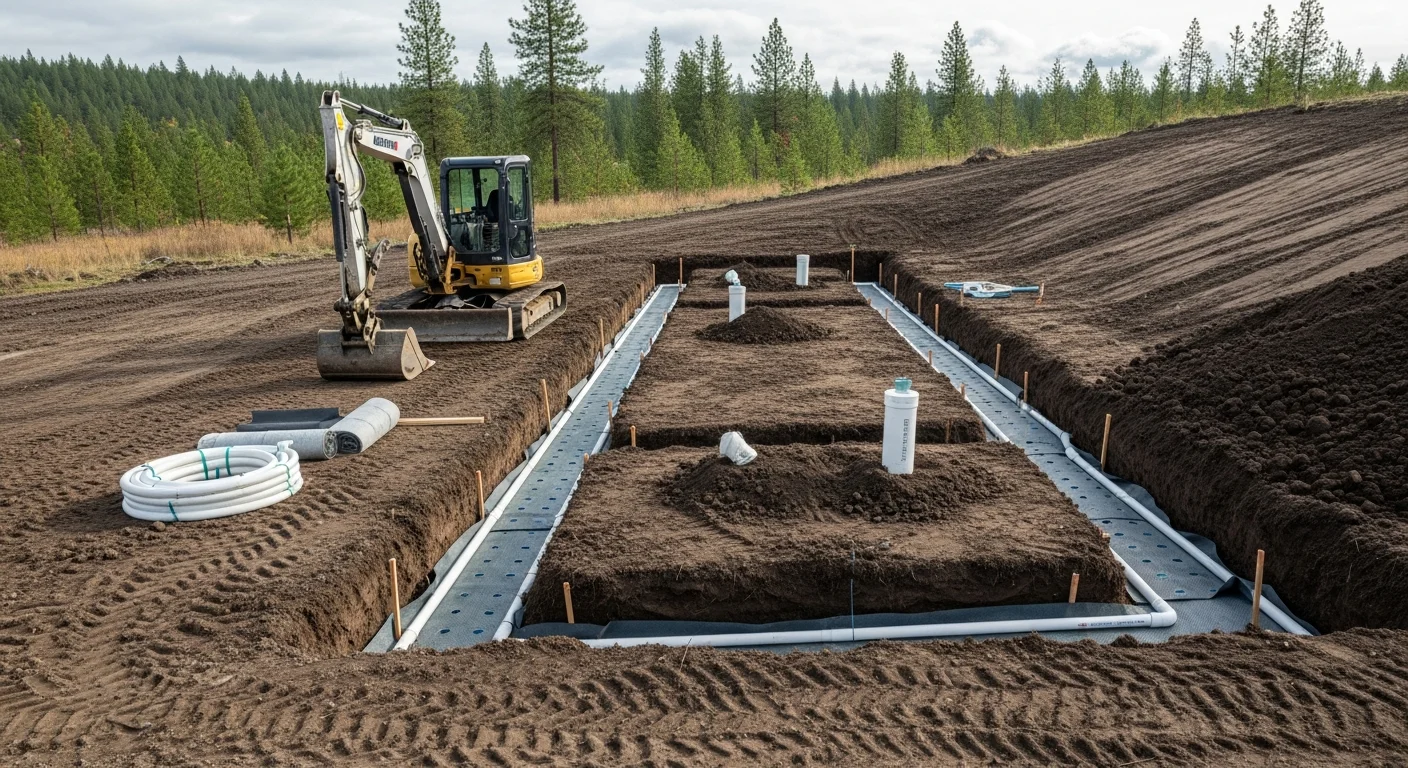 Excavation equipment installing a septic tank system in Post Falls residential property