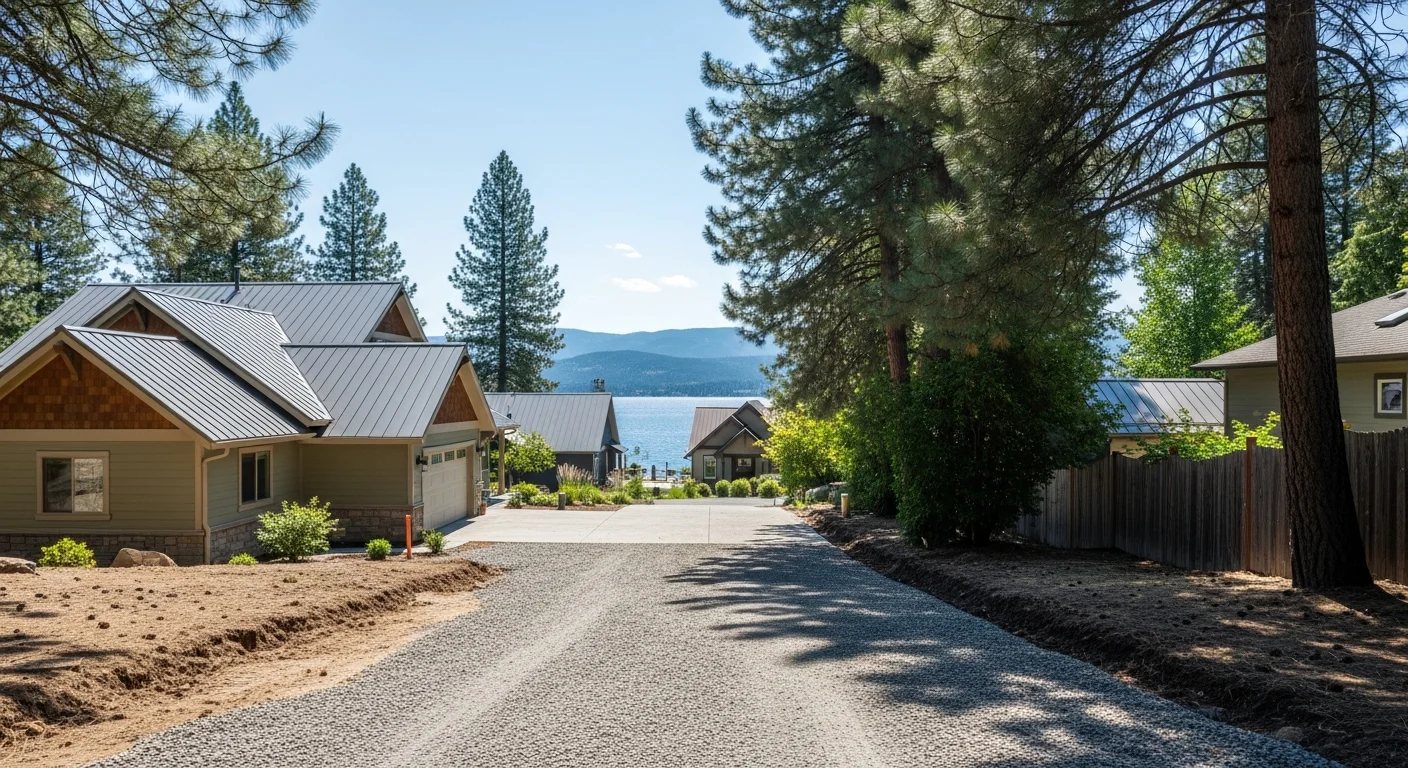 Coeur d'Alene waterfront neighborhood with residential homes and lake views in the background.