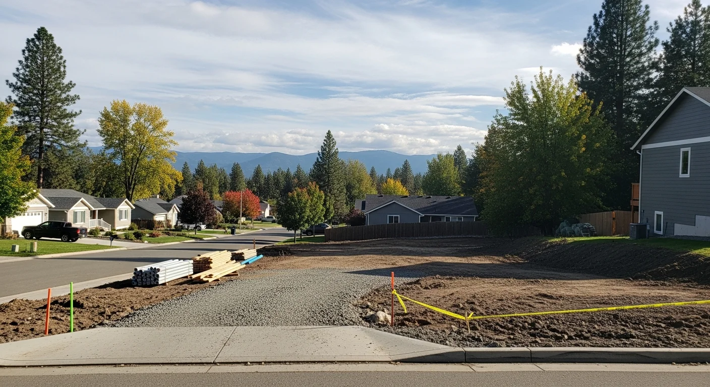 Post Falls residential area with homes nestled near tree-lined streets and mountain backdrop.