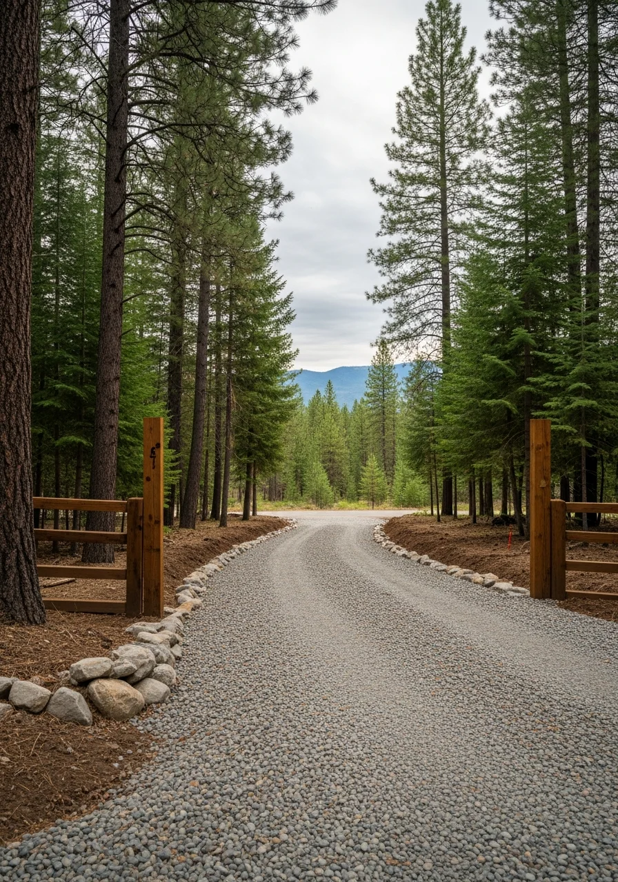 Priest Lake home exterior nestled in trees with mountain landscape backdrop.