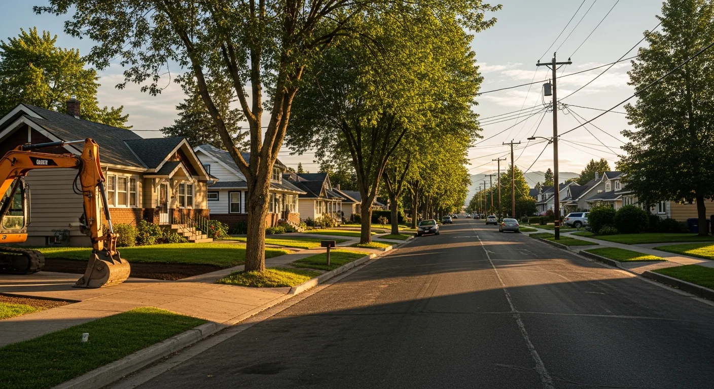 Spokane neighborhood street with varied residential homes and mature trees lining the sidewalk.