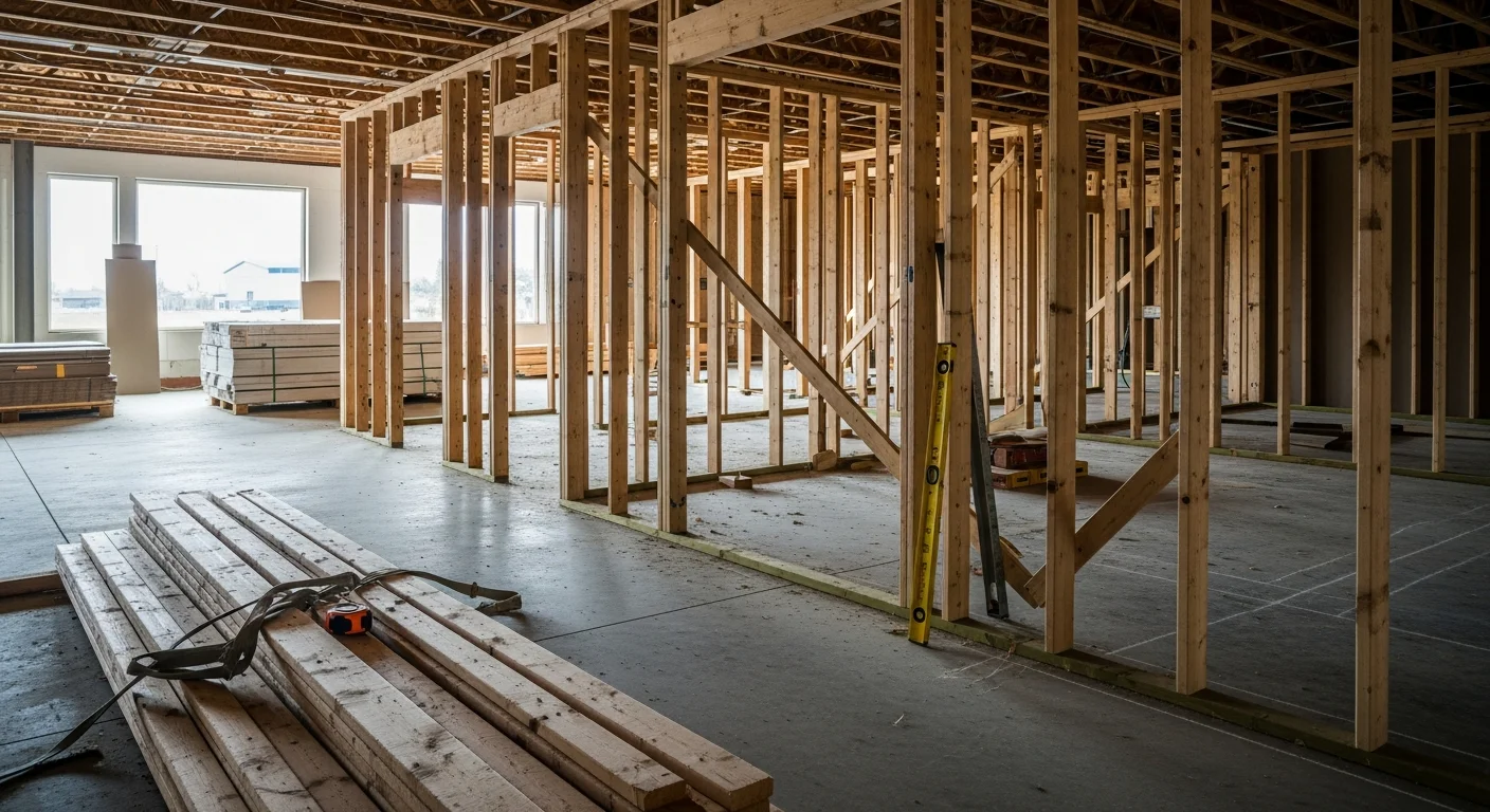 Interior of a commercial space in Coeur d'Alene, Idaho mid-remodel, showing exposed framing, concrete slab flooring, and an open floor plan under construction. A general contractor crew works on structural modifications inside a light commercial building.