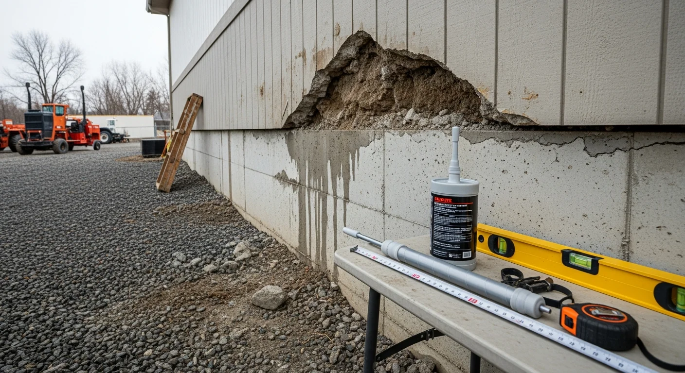 A commercial building exterior in Coeur d'Alene, Idaho showing completed structural repair work on the foundation and site grading. A&J Hardison Excavation crew equipment is visible on the job site.
