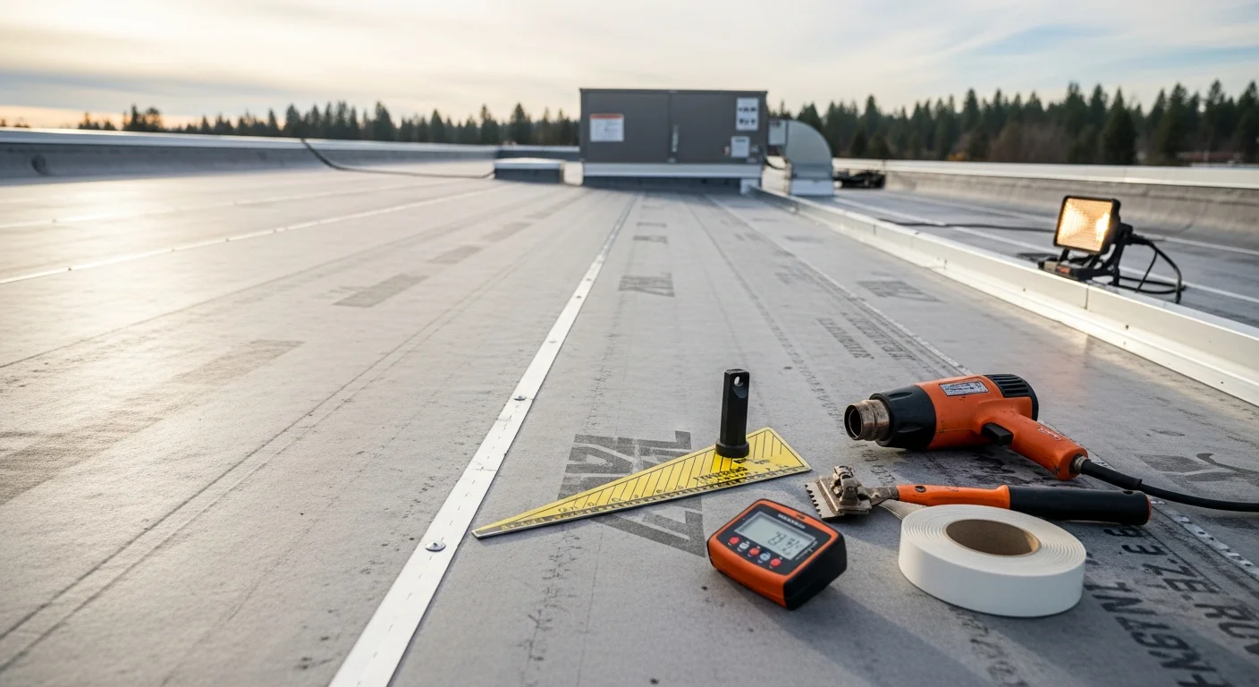 A completed flat commercial roof on a business building in Coeur d'Alene, ID, showing clean membrane installation and properly sealed flashing along the parapet walls. The surrounding North Idaho landscape is visible in the background.