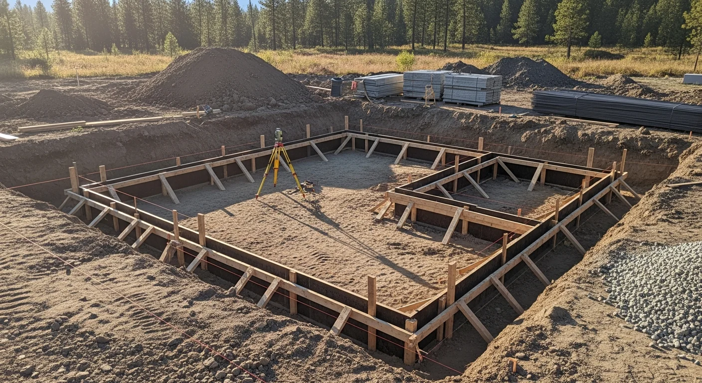 A newly framed custom home on a cleared and graded lot in north Idaho, with excavated foundation walls visible and surrounding tree line in the background. Site grading and utility trenching are complete ahead of framing progress.