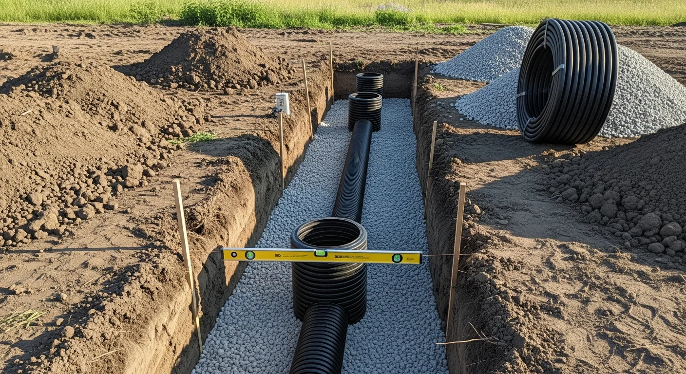 Excavated drain field trench with perforated pipes set in gravel bed on a residential lot in Coeur d'Alene, Idaho. Surrounding soil shows the layered backfill process during septic drain field installation.