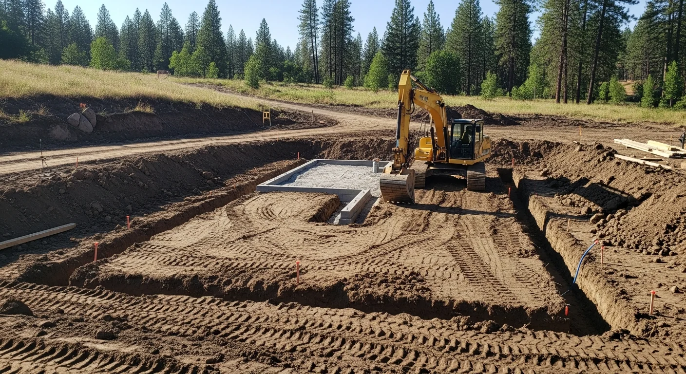 A tracked excavator digging a residential foundation on a sloped lot in Coeur d'Alene, Idaho, with cleared soil and exposed subgrade visible. The surrounding terrain shows typical North Idaho hillside conditions with conifer trees in the background.
