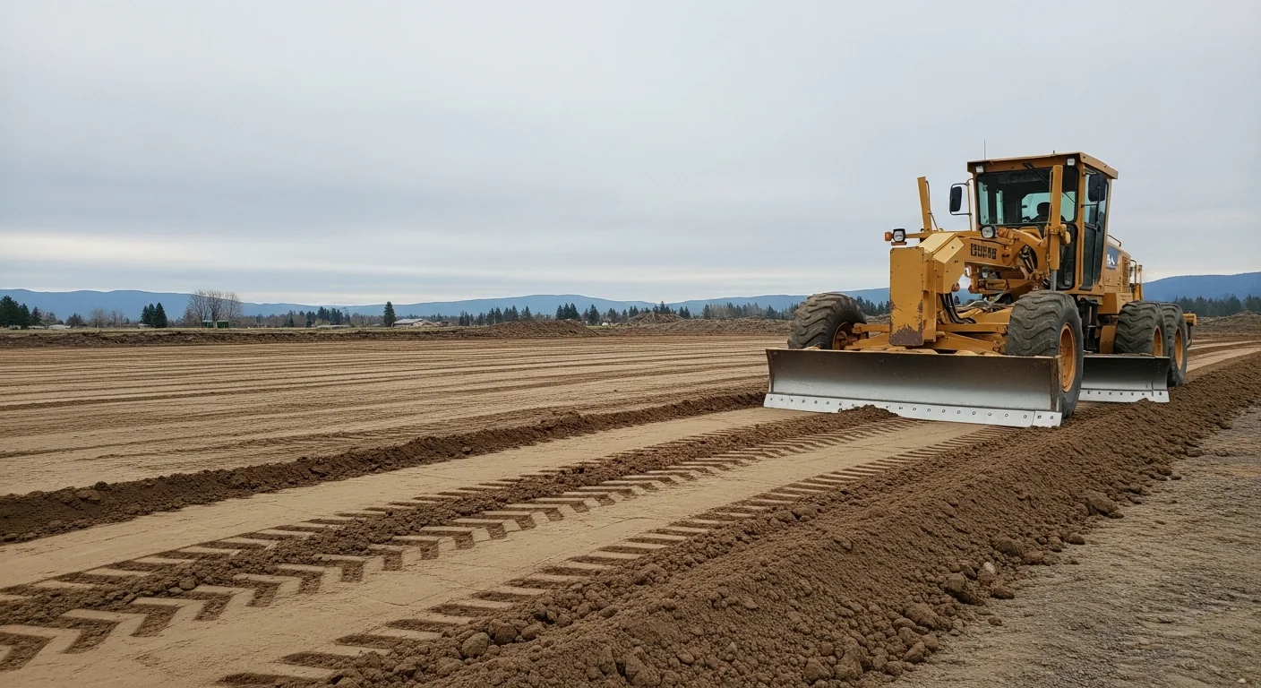 A tracked excavator grading a sloped residential lot in Coeur d'Alene, ID, with freshly moved earth leveled and compacted in preparation for construction. The surrounding terrain shows North Idaho's forested hillside backdrop with visible drainage contours cut into the soil.