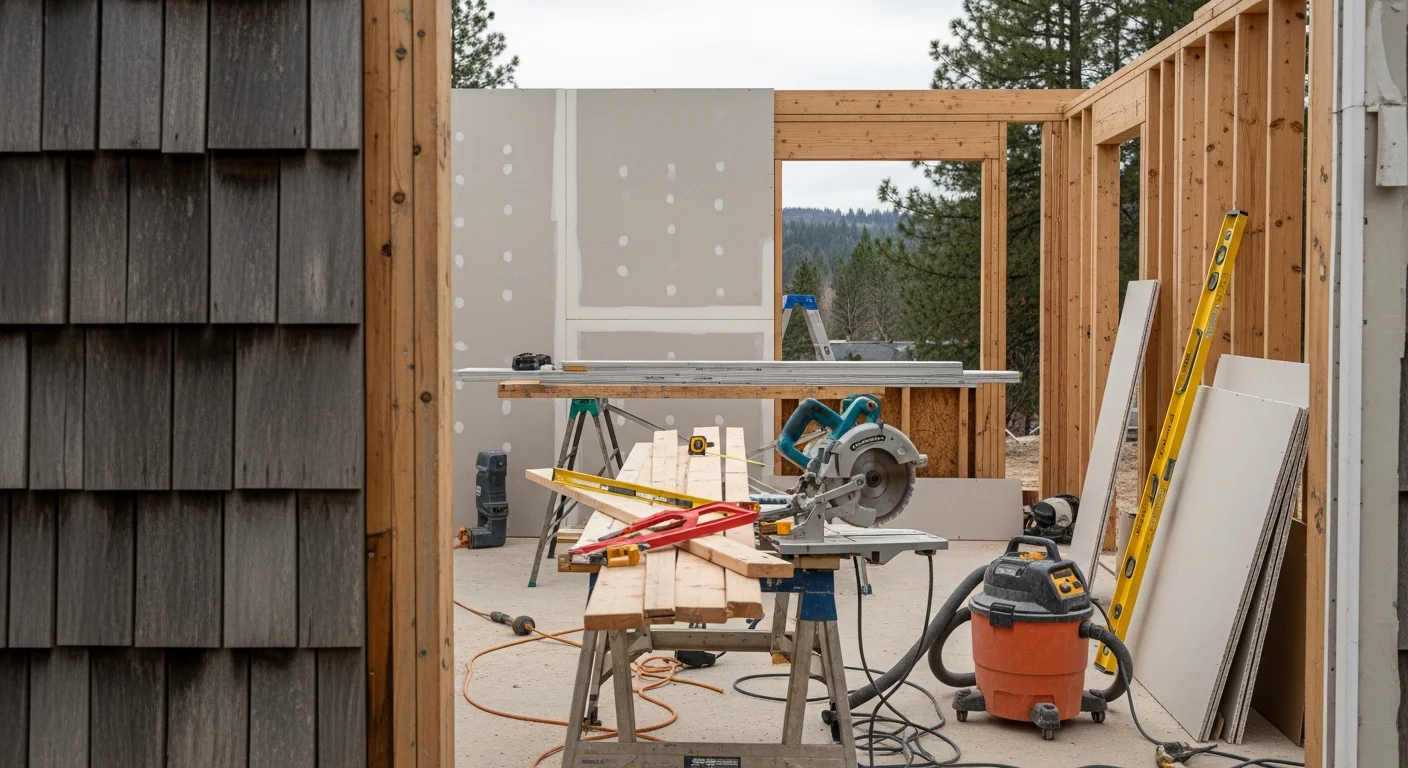 A remodeled kitchen interior inside a Coeur d'Alene, Idaho home, showing updated cabinetry, open layout, and durable finishes suited to North Idaho's seasonal climate. Exterior view of a home addition on a wooded residential lot in the Coeur d'Alene area, with framing complete and site grading visible around the foundation.