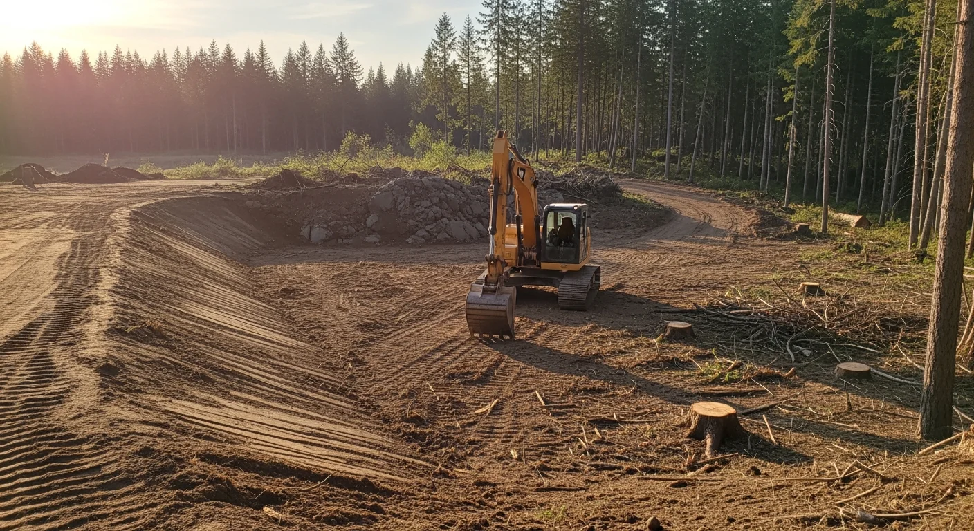 A cleared residential lot in Coeur d'Alene, Idaho showing removed timber, ground stumps, and freshly graded soil ready for construction. Heavy excavation equipment is visible on the sloped North Idaho terrain in the background.