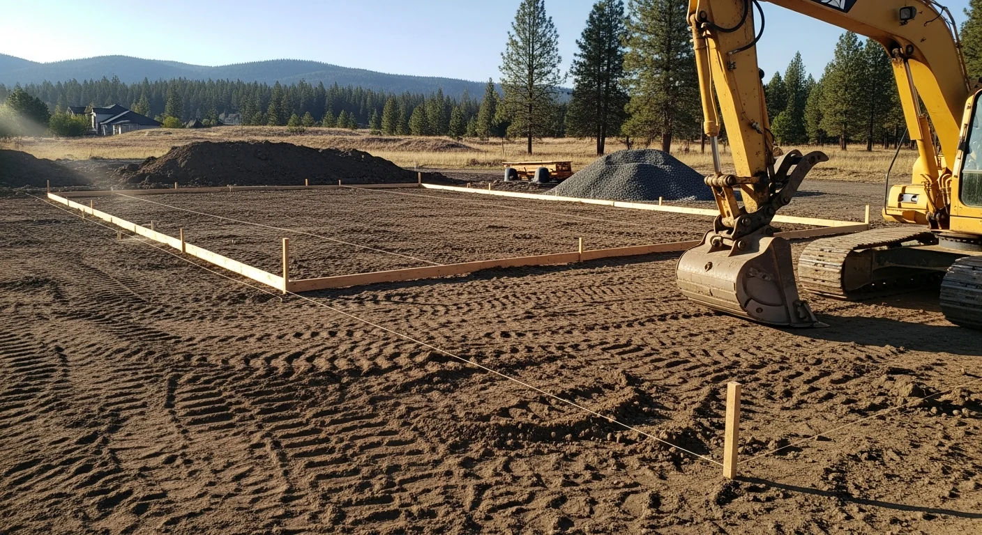 A newly framed residential structure on a cleared lot in north Idaho, with graded soil and tree lines visible in the background. A&J Hardison Excavation general contracting new construction site.