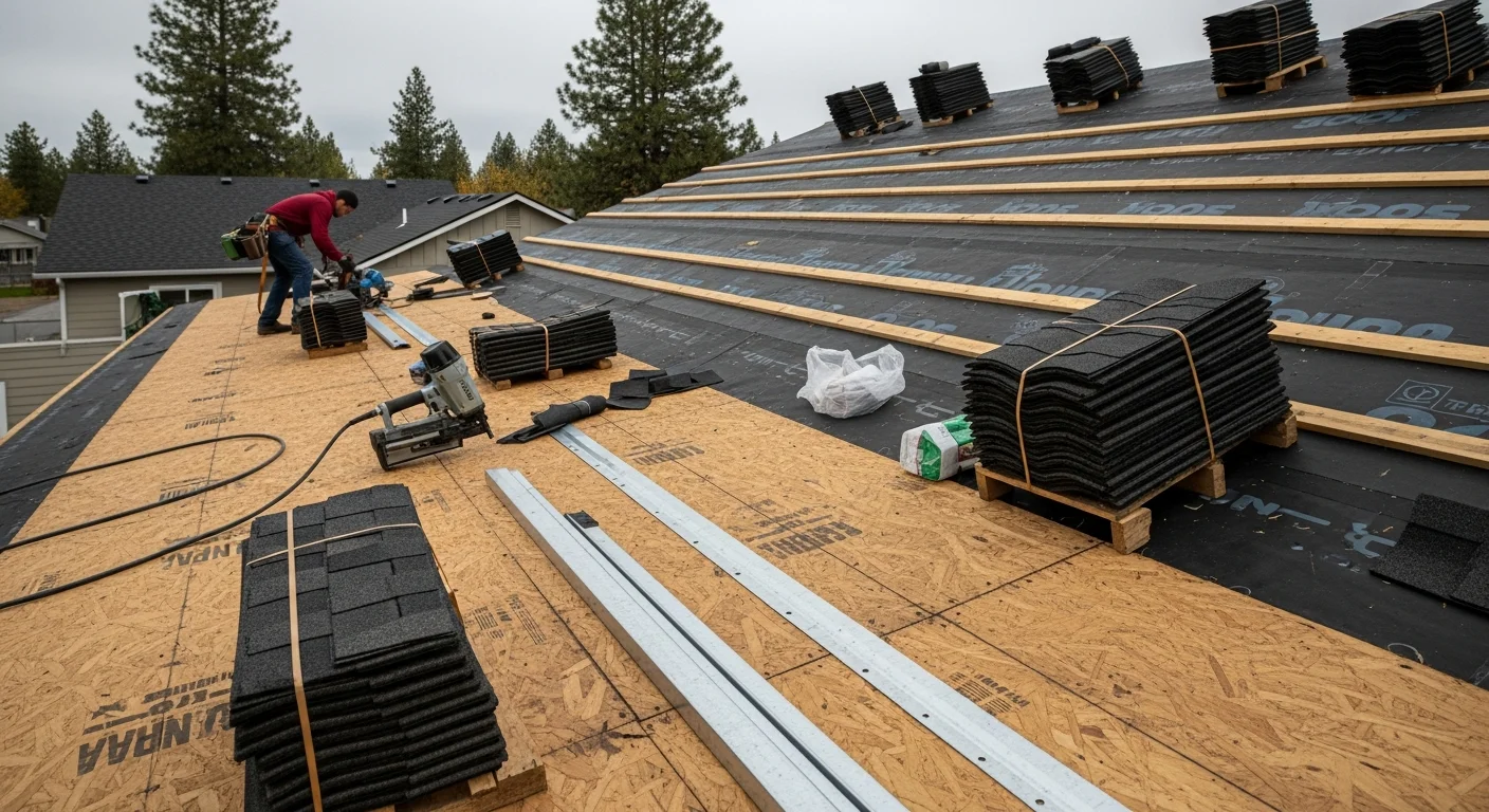 A residential home in Coeur d'Alene, ID with a newly installed roof showing clean ridge lines and intact shingles against a backdrop of North Idaho tree cover. A roofing crew works on flashing detail near the eave line of a single-family home.