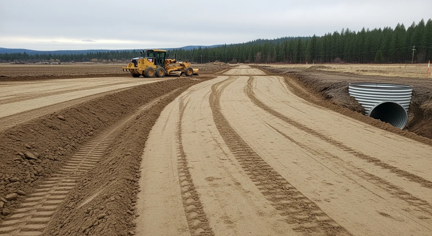 A freshly graded and compacted gravel access road on a rural North Idaho property near Coeur d'Alene, with cleared tree lines on both sides and a drainage ditch running along the road edge. An excavation machine sits at the far end of the road on a sloped lot with visible subgrade work in progress.
