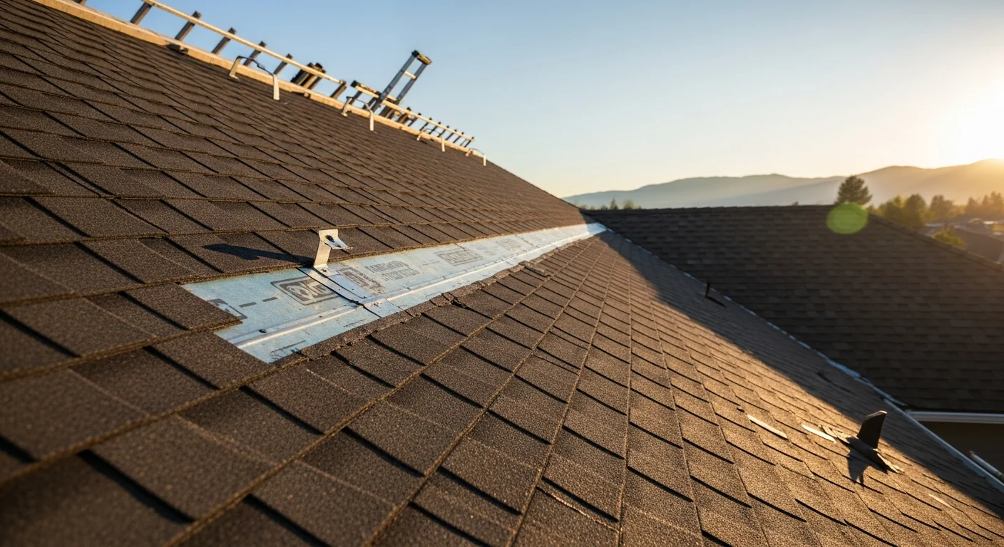 A newly installed residential roof on a single-story home in Coeur d'Alene, Idaho, with clean ridge lines and finished flashing visible against a backdrop of North Idaho tree cover. Close view shows uniform shingle layout and sealed eave edges prepared for winter snow loads.