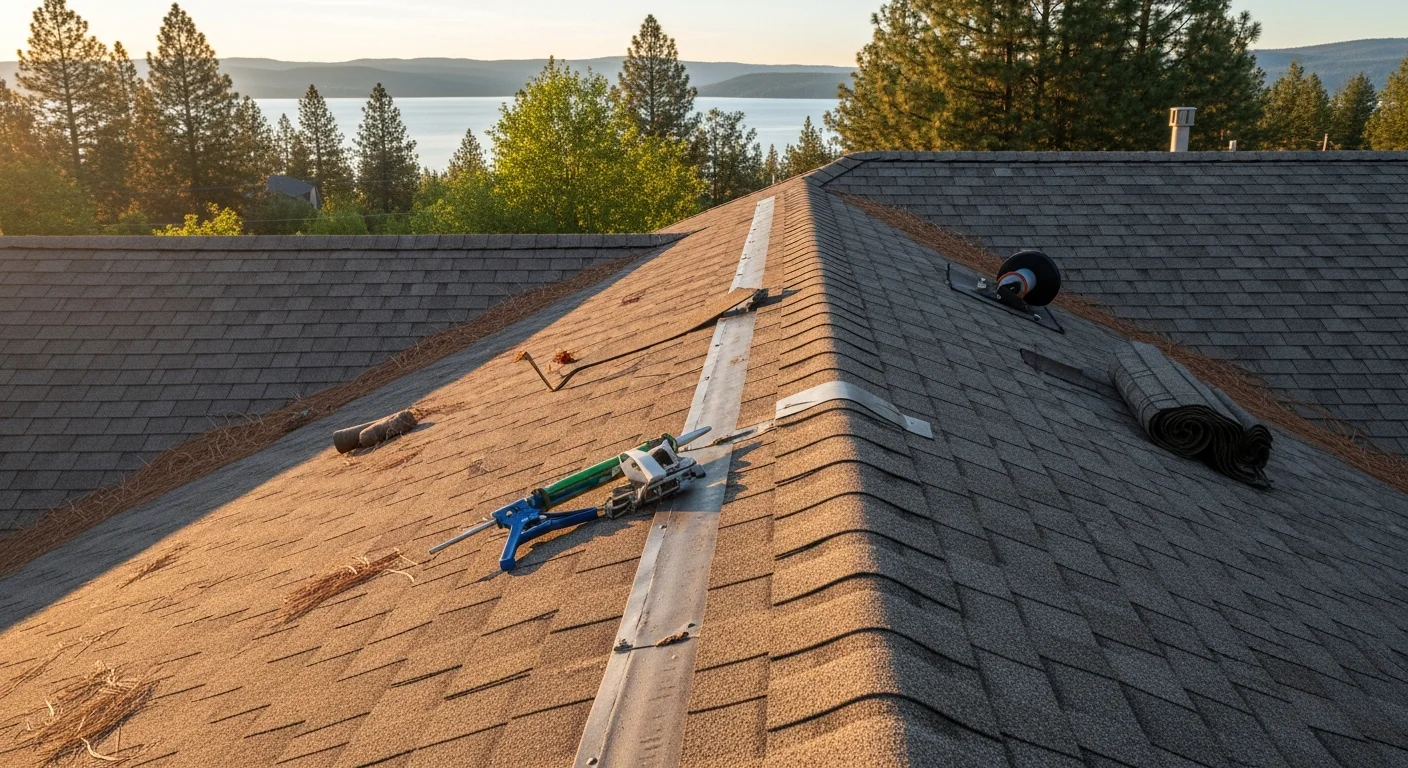 A residential roof in Coeur d'Alene, Idaho showing repaired shingles and sealed flashing along the chimney after storm damage. Snow-covered pine trees are visible in the background, reflecting the North Idaho winter setting.