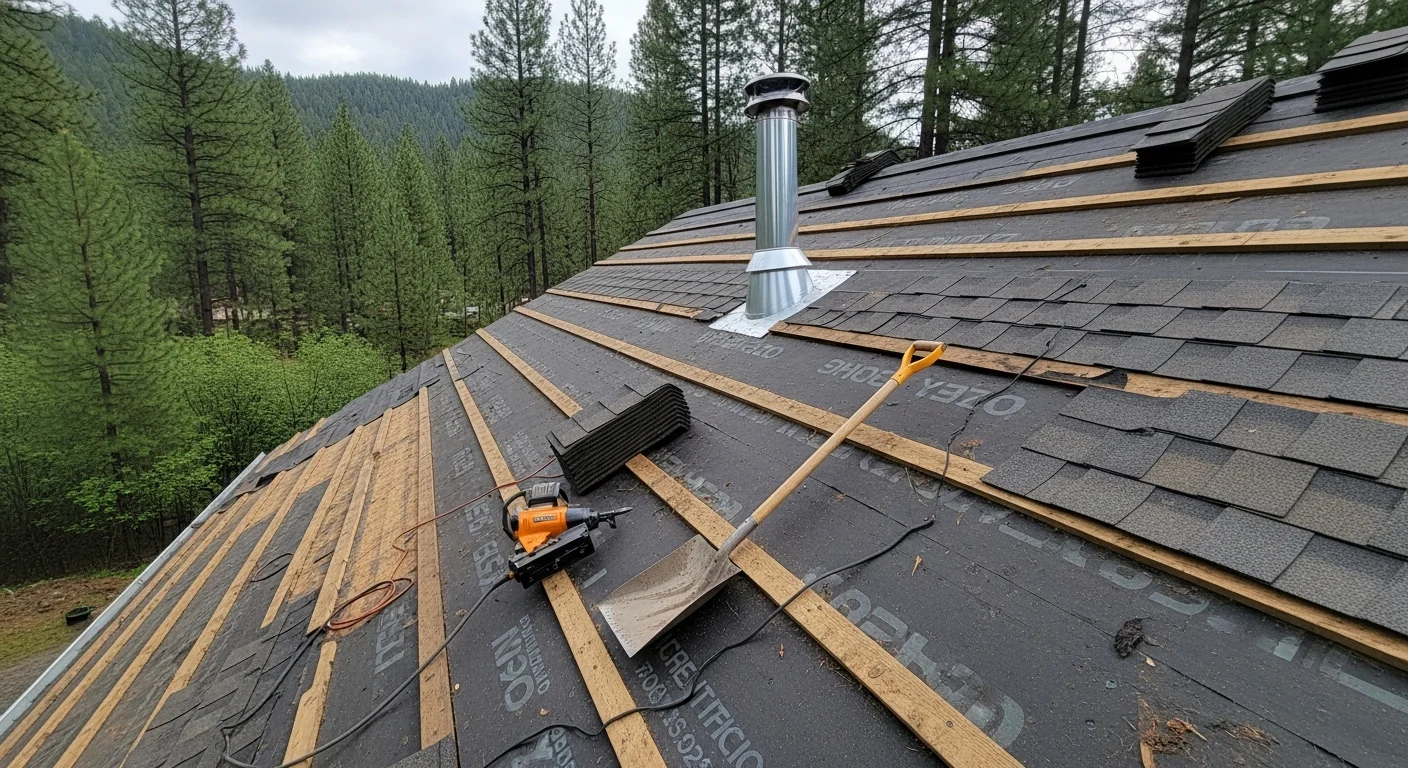 A completed residential roof replacement on a single-family home in Coeur d'Alene, ID, showing new shingles installed over a steep-pitched roof with clean ridge lines and finished flashing detail. The surrounding North Idaho tree line is visible in the background.