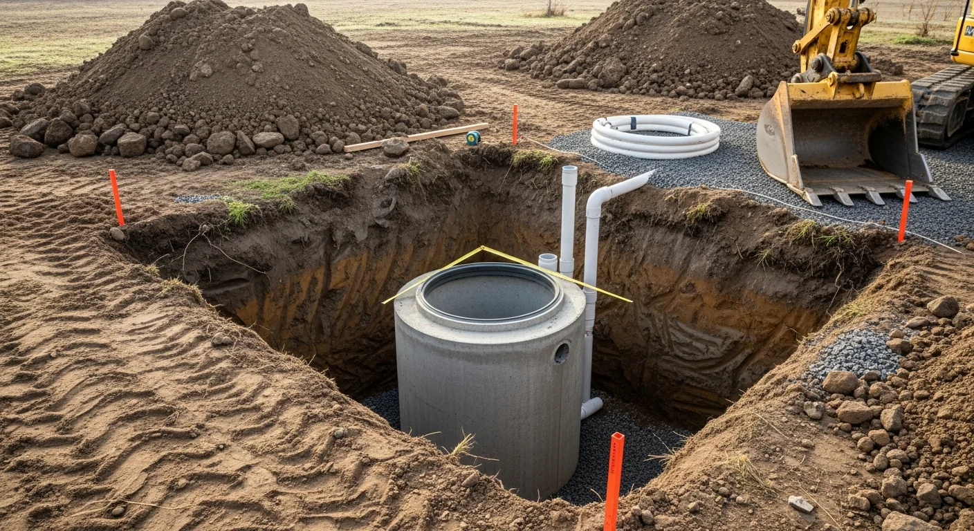 Excavation crew installing a septic tank and drainfield on a residential lot in Coeur d'Alene, Idaho. Heavy equipment is positioned beside an open trench with exposed soil and a concrete septic tank being lowered into place.