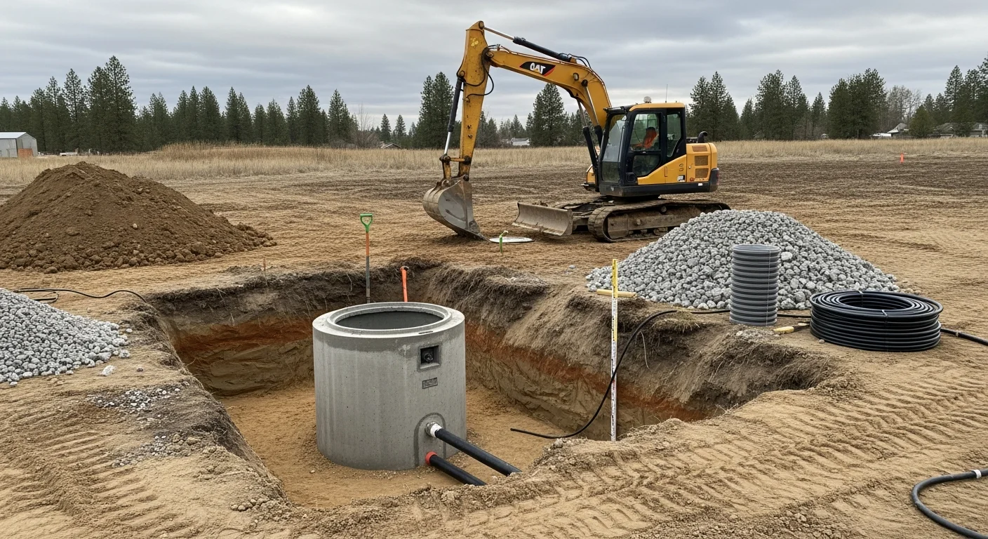 Excavated residential lot in Coeur d'Alene, Idaho showing a new septic tank being set into place by excavation equipment. Exposed soil and a prepared trench are visible, with a rural Kootenai County property in the background.
