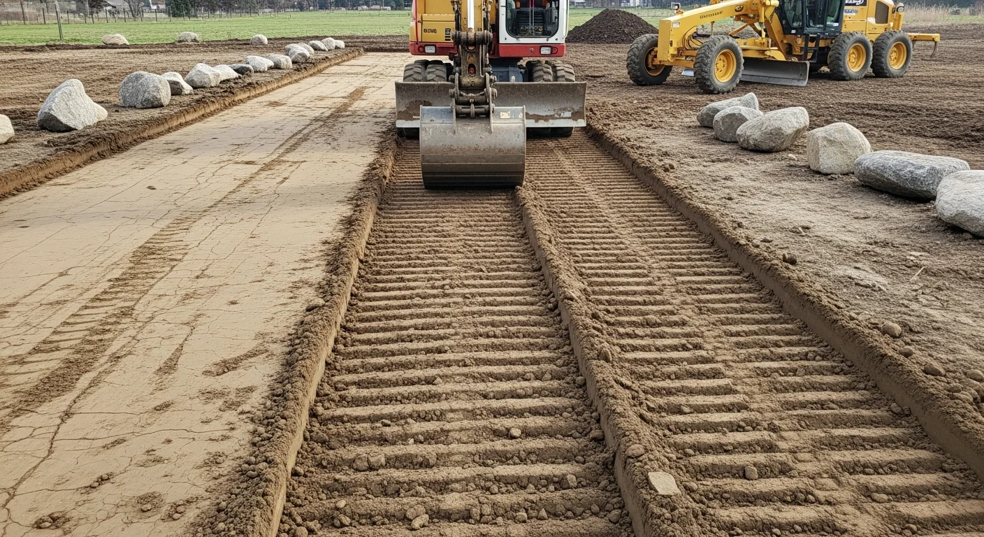 A tracked excavator grading a cleared residential lot in Coeur d'Alene, Idaho, with exposed soil leveled and staged for foundation work. Rocky North Idaho terrain is visible at the lot edges with conifer trees in the background.